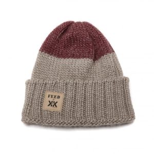 Brown and red stocking cap with FEED embroidered on it