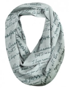 Silver infinity scarf with lyrics to John Lennon's song Imagine